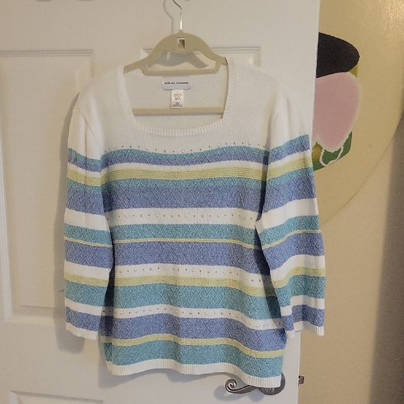 Alfred Dunner Sweaters - Alfred Dunner Women's Multicolor Striped Sweater chrystals & pearl accents SzLg